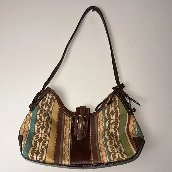 Fossil Shoulder Bag Brown Leather Monogram and Striped Canvas - Picture 7 of 15
